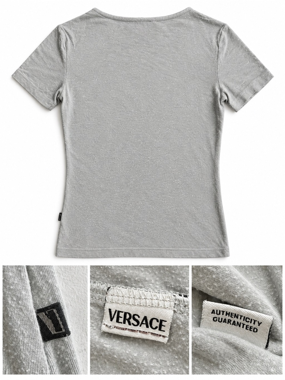 Vintage Versace Women’s Gray Logo Fitted Baby Tee Y2K